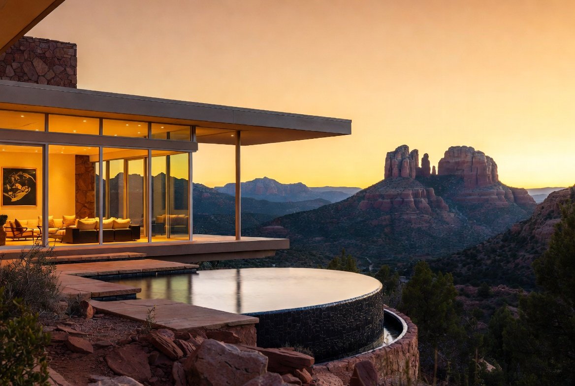 Modern luxury home in Sedona with infinity pool overlooking Cathedral Rock at sunset