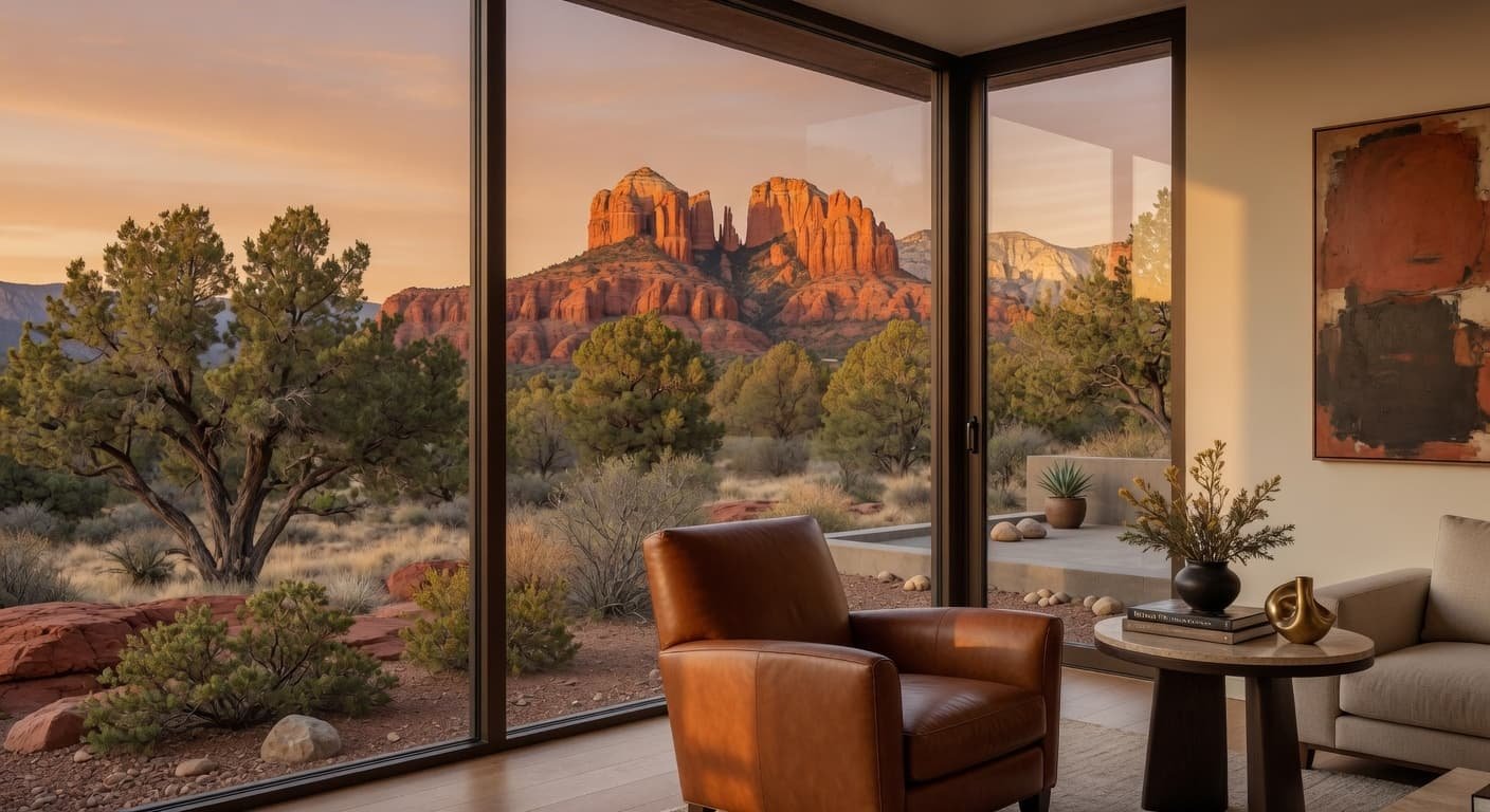 Modern Sedona luxury home interior with floor-to-ceiling windows showcasing red rock formations at golden hour