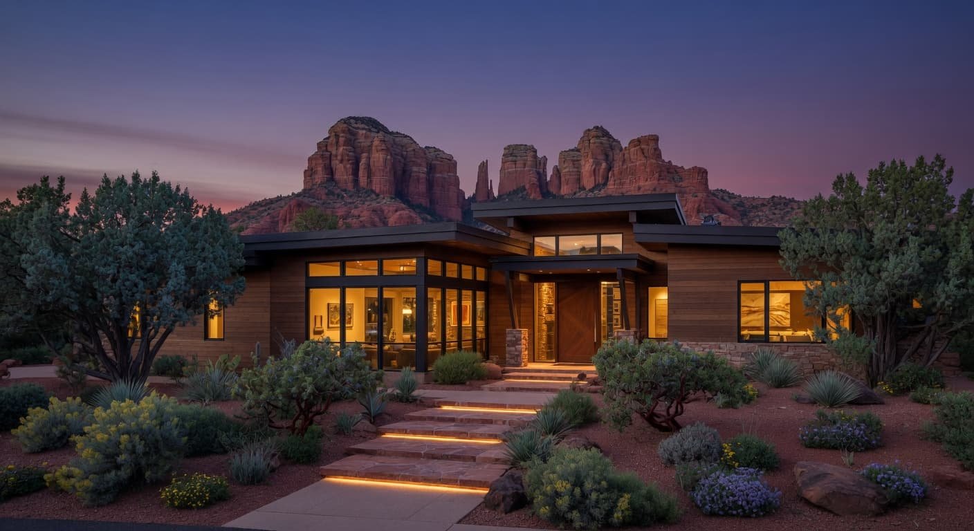 Luxury contemporary Sedona home exterior at twilight with warm interior glow and red rock backdrop