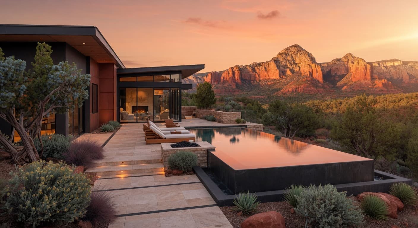 Sedona vacation rental property with infinity pool overlooking iconic red rock formations at golden hour