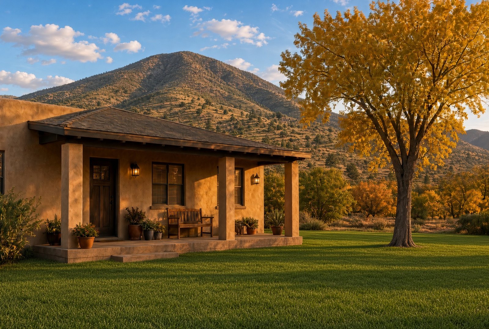 Single-story adobe-style home with a covered porch, green lawn and a golden autumn tree in Cottonwood, Arizona at golden hour