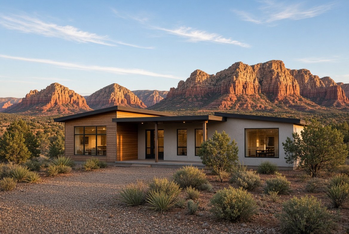 Modern manufactured home on a desert lot in the Verde Valley with red rock buttes in the background at golden hour