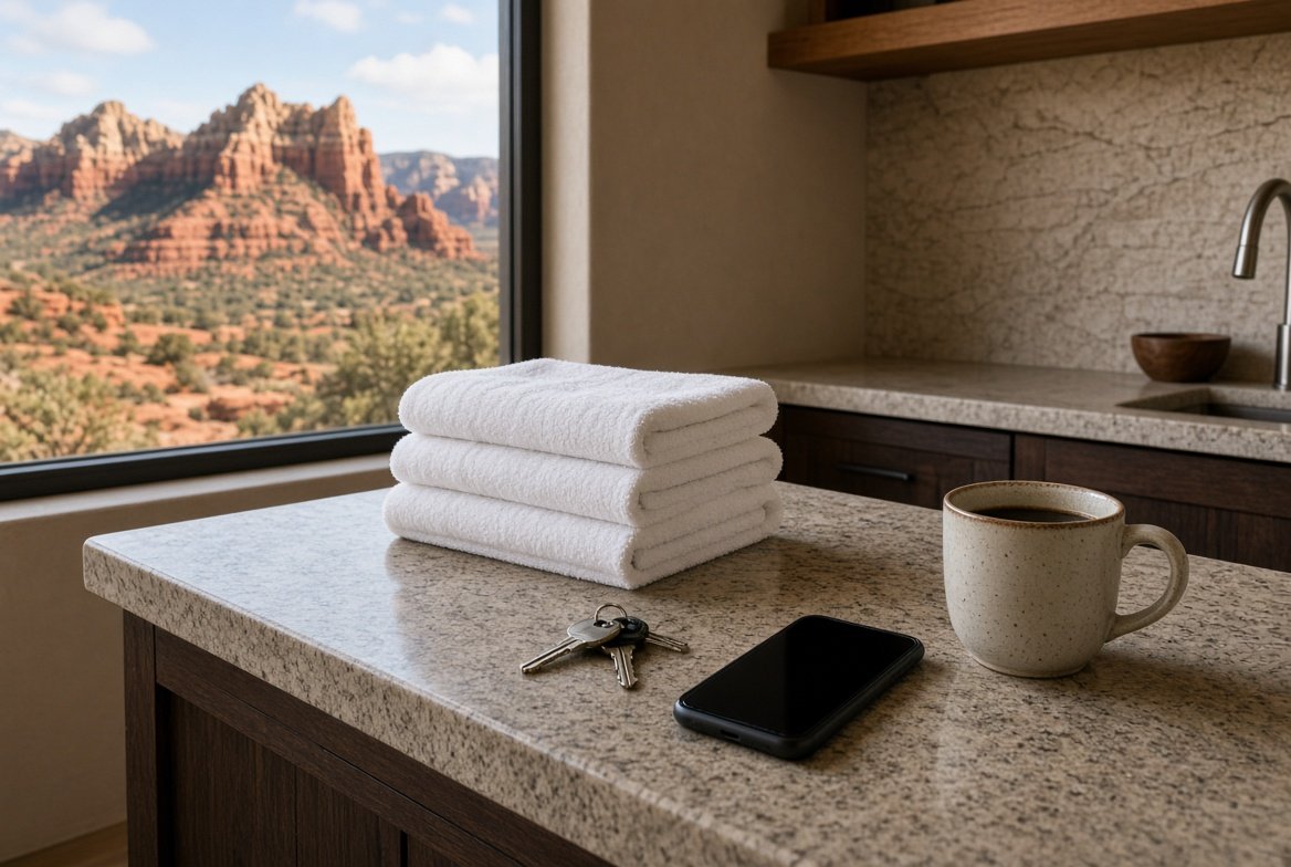 Kitchen counter in a Sedona short-term rental with folded towels, keys and a smartphone, with a red rock view through the window
