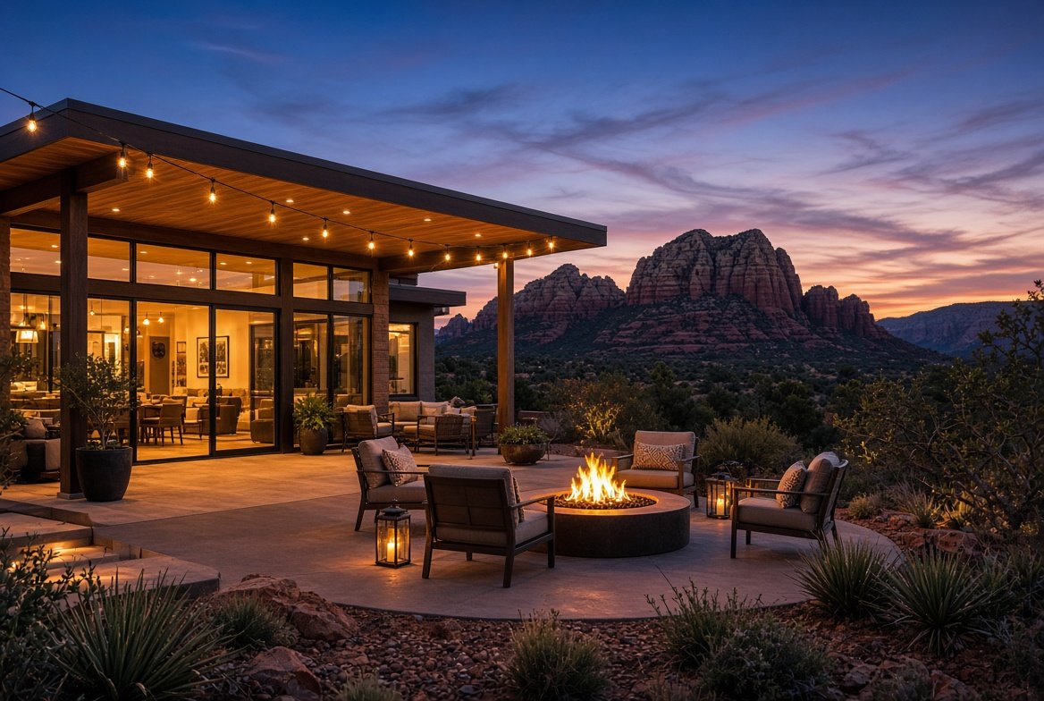 Modern Sedona vacation rental at dusk with glowing windows, a patio fire pit with string lights, and red rock buttes at sunset